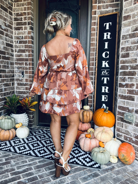 Long Sleeve Floral Print Tiered Dress