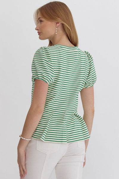 Green Stripe Pleat Top