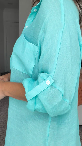 Teal Long Button Coverup Top