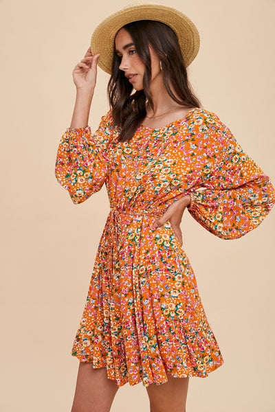 Orange Floral Print Dress