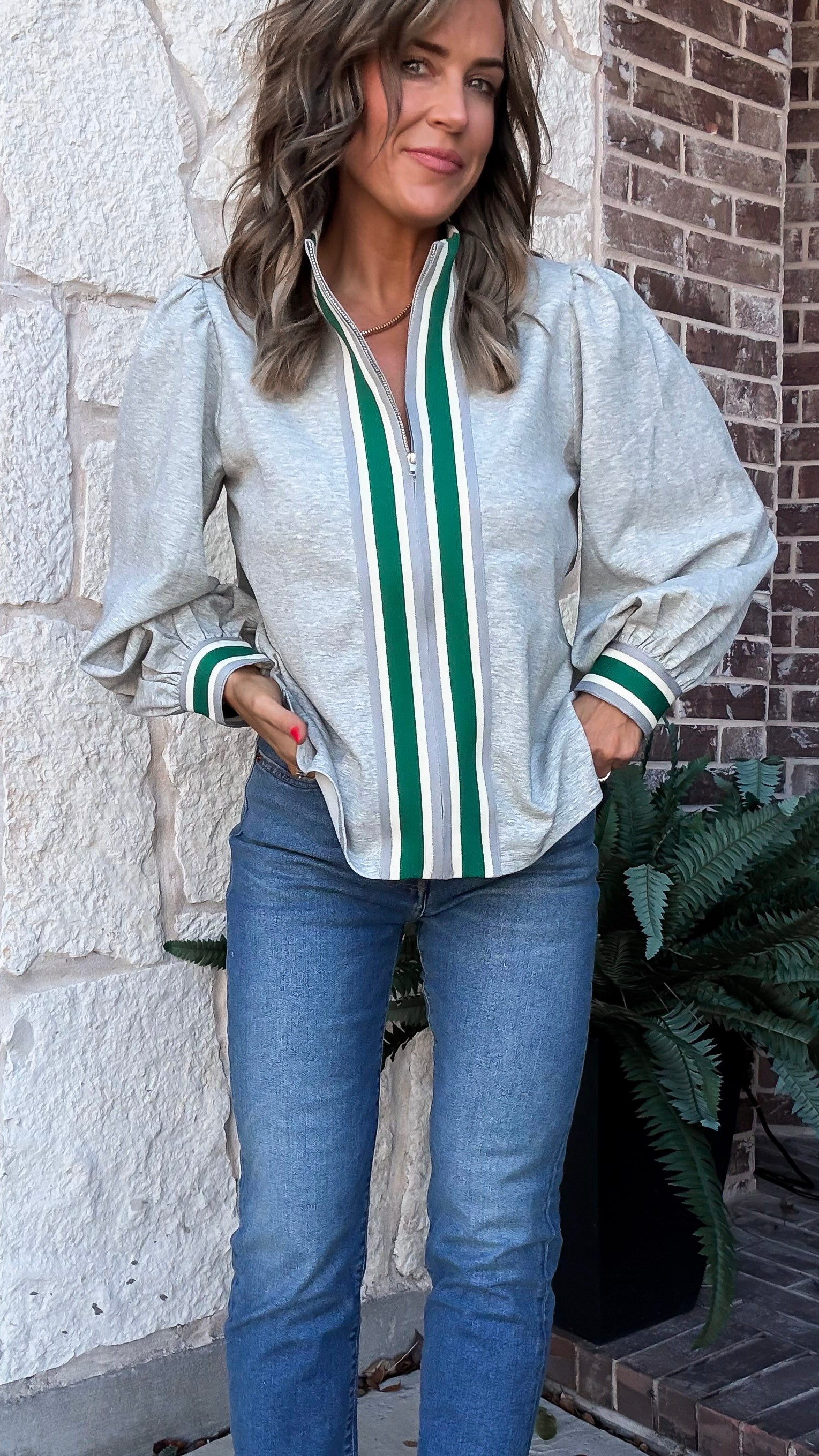 Grey Zipper Stripe Cardigan Top