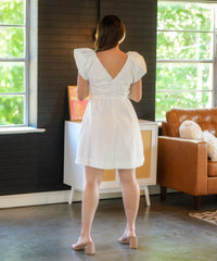 Shirred White Ruffle Dress