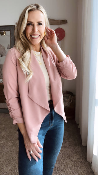 Dusty Pink Rouched Sleeve Blazer