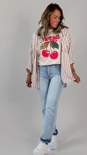 Brown Stripe Button Top