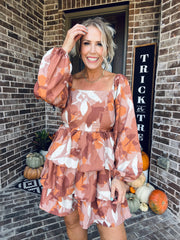 Long Sleeve Floral Print Tiered Dress